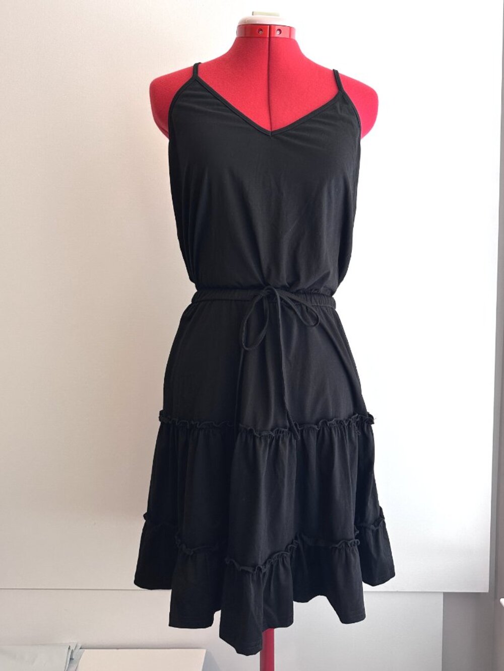 NEWSHOWS (L) Black Ruffle Sun Dress A-Line Sundress Drawstring Strappy